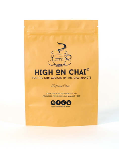 Golden saffron chai tea infused with rich aroma and authentic Indian flavours — premium handcrafted Zafrani chai from High On Chai.