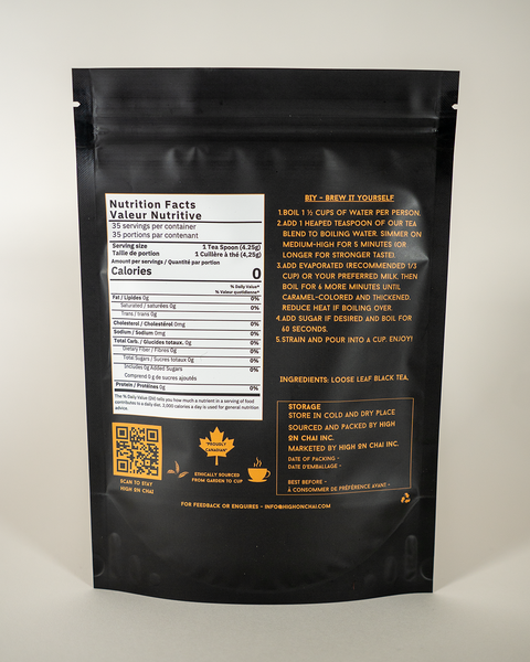 Black tea package with nutritional information and brewing instructions on a white background