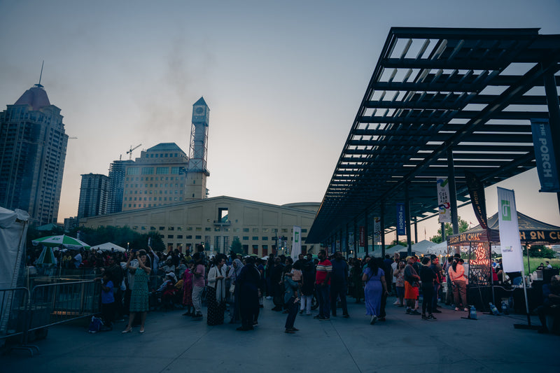 Crowd of people gathered outdoors with city skyline in the background