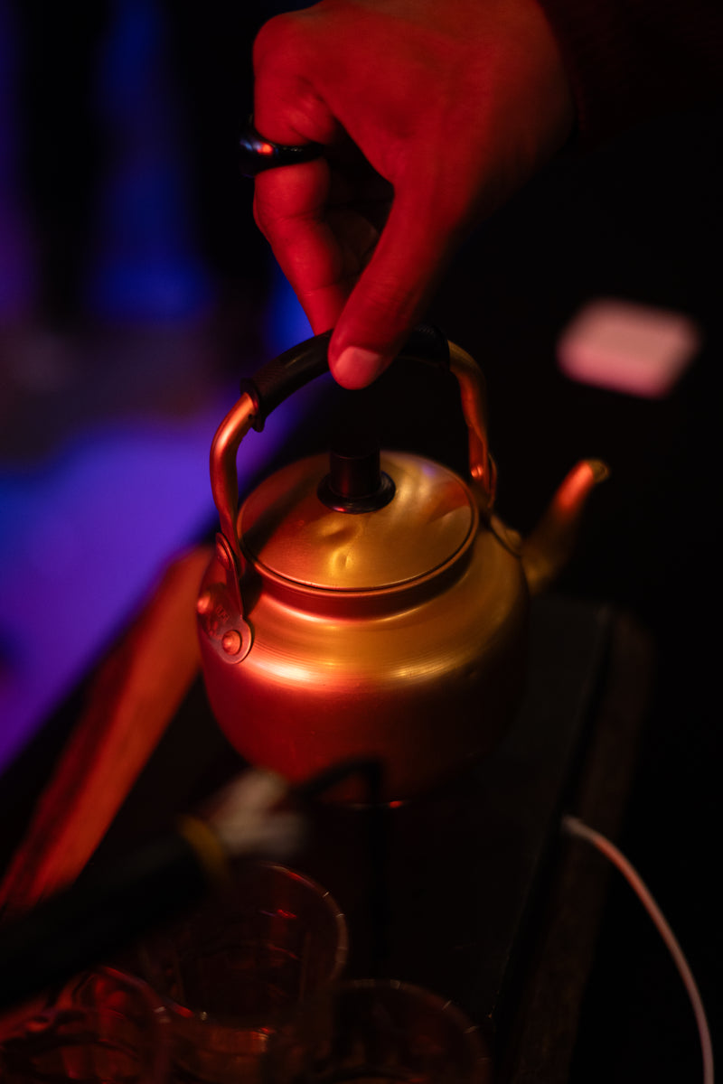Hand holding a metallic kettle with a blurred background