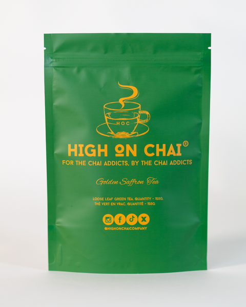 Green packaging of 'High on Chai' Golden Saffron Tea